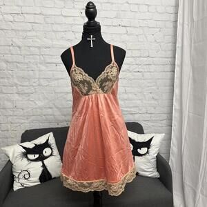 Vintage 60s Kayser nightgown slip orange peach w beige lace bust and lace trim M
